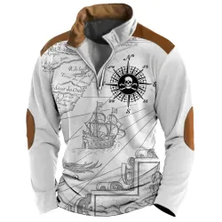 Men\'s Sweatshirt Quarter Zip Nautical Map Compass Skull Vintage Daily Tops