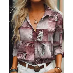 Women\'s Vintage Denim Patchwork Printed Shirt