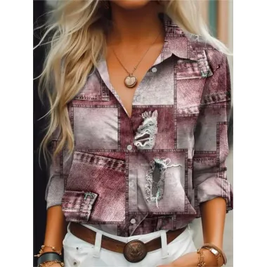 Women's Vintage Denim Patchwork Printed Shirt