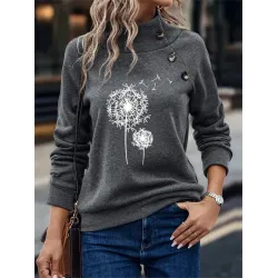 Women\'s Floral Print Button Stand Collar Casual Sweatshirt