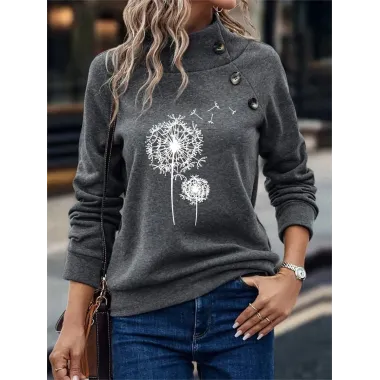 Women's Floral Print Button Stand Collar Casual Sweatshirt