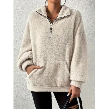 Women's Loose Fleece Zipper Stand Collar Pocket Sweatshirt