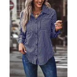 Women\'s Retro Casual Striped Pocket Shirt