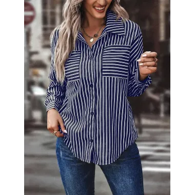 Women's Retro Casual Striped Pocket Shirt