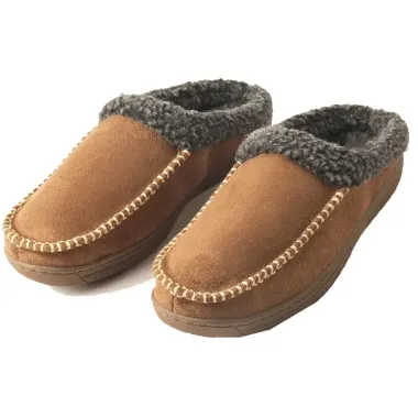 Men's Faux Fur Slippers Fleece Lined Suede Leather Pull On Round Toe Casual Cotton Slippers