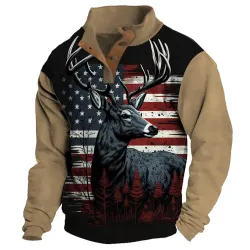 Men\'s Sweatshirt Hunting Deer USA Flag Buttons Stand Collar Daily Tops