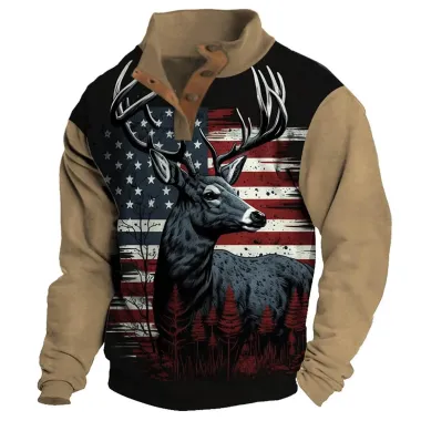 Men's Sweatshirt Hunting Deer USA Flag Buttons Stand Collar Daily Tops