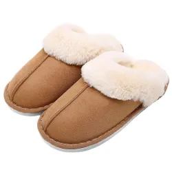 Women\'s Faux Fur Slippers Fleece Lined Suede Leather Pull On Round Toe Casual Cotton Slippers