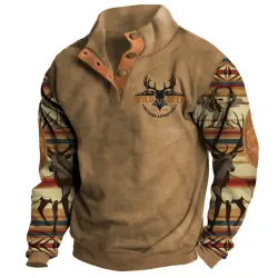 Men\'s Half Open Collar Sweatshirt Vintage Wild Deer Print Color Block