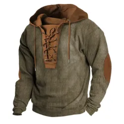 Men\'s Hoodie Lace-Up Vintage Corduroy Color Block Elbow Patches Long Sleeve Outdoor Daily Tops