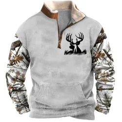 Men\'s Sweatshirt Quarter Zip Hunting Deer Branch Plush Collar Vintage Daily Tops