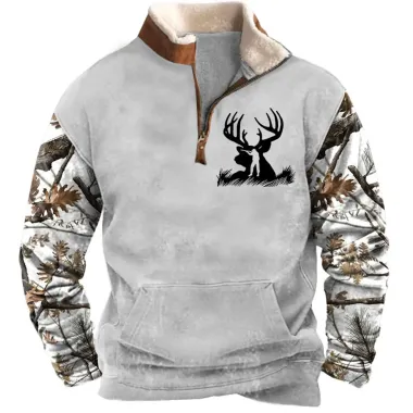 Men's Sweatshirt Quarter Zip Hunting Deer Branch Plush Collar Vintage Daily Tops