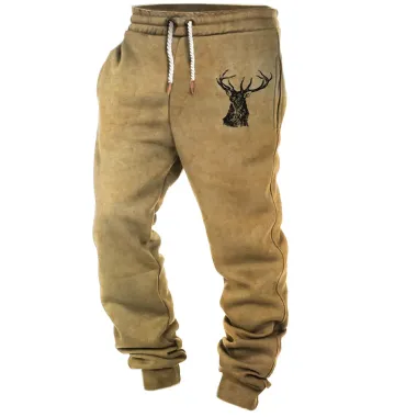 Men's Retro Elk Print Pocket Casual Sports Elastic Waist Pants