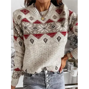 Women's Retro Geometric Diamond Contrast Color Sweater Warm Knitted Sweater Round Neck Top