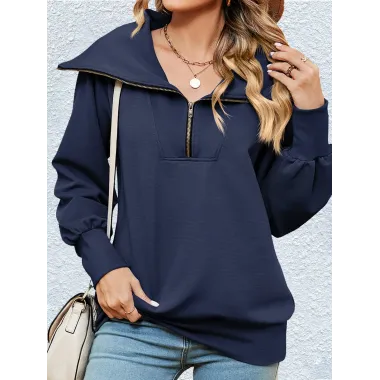 Women's Zippered Large Lapel Shawl Pullover Sweatshirt