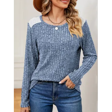 Women's Ribbed Brushed Contrast Color Stitching Long-sleeved Round Neck T-shirt Top