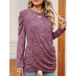 Women\'s Solid Color Round Neck Twist Long Sleeve Loose T-Shirt Top