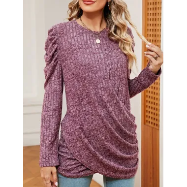 Women's Solid Color Round Neck Twist Long Sleeve Loose T-Shirt Top