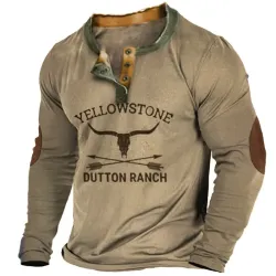 Men\'s Vintage Yellowstone Print Henley Color Block Casual Long Sleeve T-Shirt