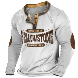 Men\'s Vintage Yellowstone Print Henley Color Block Casual Long Sleeve T-Shirt