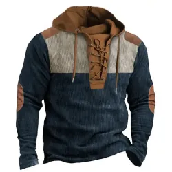 Men\'s Corduroy Sweatshirt Drawstring Hooded Blue Color Block Elbow Patches Sports Outdoor Daily Holiday Casual Pullover