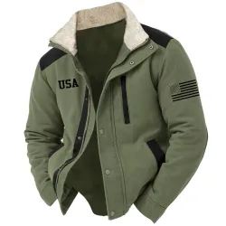 Men\'s Shearling Jacket Vintage American Flag Outdoor Pocket Color Block Coat