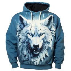 Men\'s Outdoor 3D Wolf Print Hooded Pocket Sweatshirt