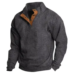 Men\'s Sweatshirt Herringbone Print Buttons Stand Collar Contrast Color Daily Tops