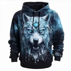 Men\'s Outdoor 3D Wolf Print Hooded Pocket Sweatshirt