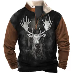 Men\'s Sweatshirt Quarter Zip Hunting Elk Print Plush Collar Vintage Daily Tops