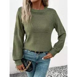 Women\'s Pleated Crew Neck Knitted Sweater