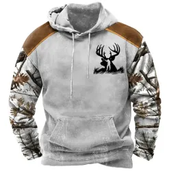 Men\'s Hoodie Vintage Hunting Deer Woods Print Pocket Long Sleeve Daily Tops