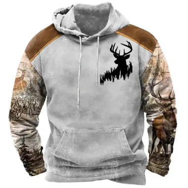 Men's Hoodie Vintage Hunting Deer Print Pocket Long Sleeve Daily Tops