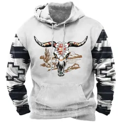 Men\'s Hoodie Vintage Western Aztec Bull Skull Print Pocket Long Sleeve Daily Tops