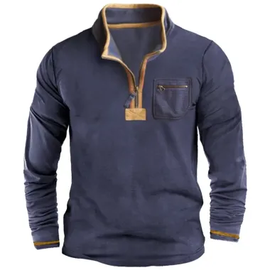 Men's Retro Color Block 1/4 Zip T-Shirt Everyday Casual Pocket Long Sleeve Pullover