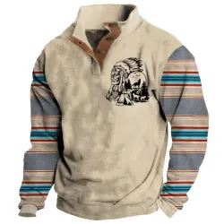 Men\'s Sweatshirt Native American Western Ethnic Aztec Stand Collar Buttons Vintage Daily Tops