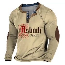 Men\'s Henley T-Shirt Asbach Uralt Color Block Vintage Long Sleeve Tops