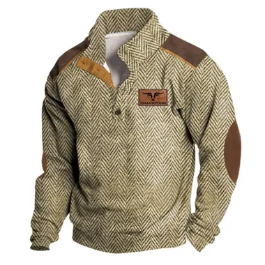 Men's Sweatshirt Yellowstone Herringbone Print Stand Collar Buttons Color Block Vintage Daily Tops