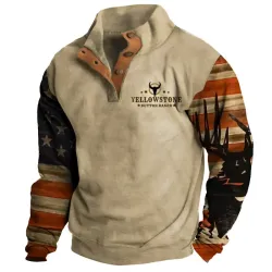 Men\'s Western Yellowstone Print Color Block Stand Collar Sweatshirt