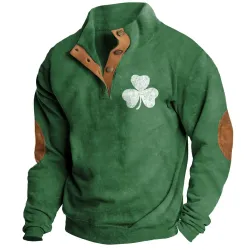 Men\'s Sweatshirt St. Patrick\'s Day Shamrock Lucky You Print Stand Collar Buttons Color Block Vintage Daily Tops