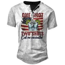 One Shot Two Shots Booster Men\'s Cocktail Print Hawaiian Vacation Henley Neck Short Sleeve T-Shirt