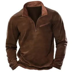 Men\'s T-Shirt 1/4 Zip Leather Lapel Long Sleeve Vintage Pocket Everyday Pullover