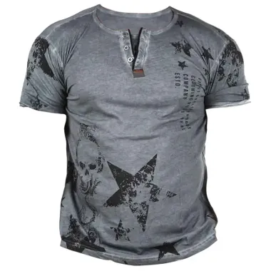 Men's Retro Rock Hip Hop Print Casual Short Sleeve Henley T-Shirt