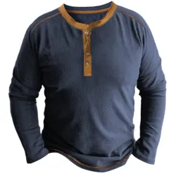 Men\'s Vintage Henley T-Shirt Color Block Long Sleeve Casual Pullover