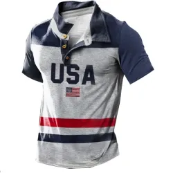 Men\'s Outdoor Casual Polo Shirt American Flag Print Comfortable Breathable Short Sleeve T-Shirt