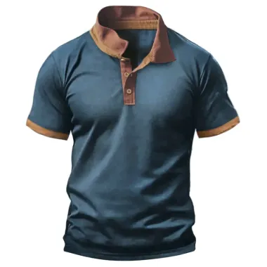 Men's Retro Polo Neck T-Shirt Color Block Short Sleeve Casual Vacation Pullover