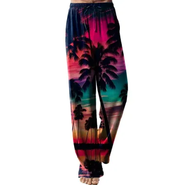 Men's Hawaiian Print Casual Resort Style Cotton And Linen Drawstring Pants