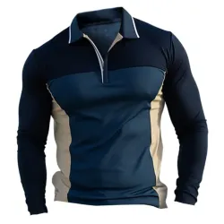 Men\'s Polo Shirt Casual Lapel Long Sleeve Color Block T-Shirt