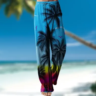 Men's Hawaiian Print Casual Resort Style Cotton And Linen Drawstring Pants