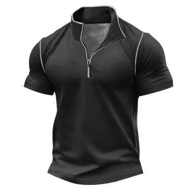 Men's T-Shirt Quarter Zip Stand Collar Contrast Color Vintage Short Sleeve Summer Daily Tops